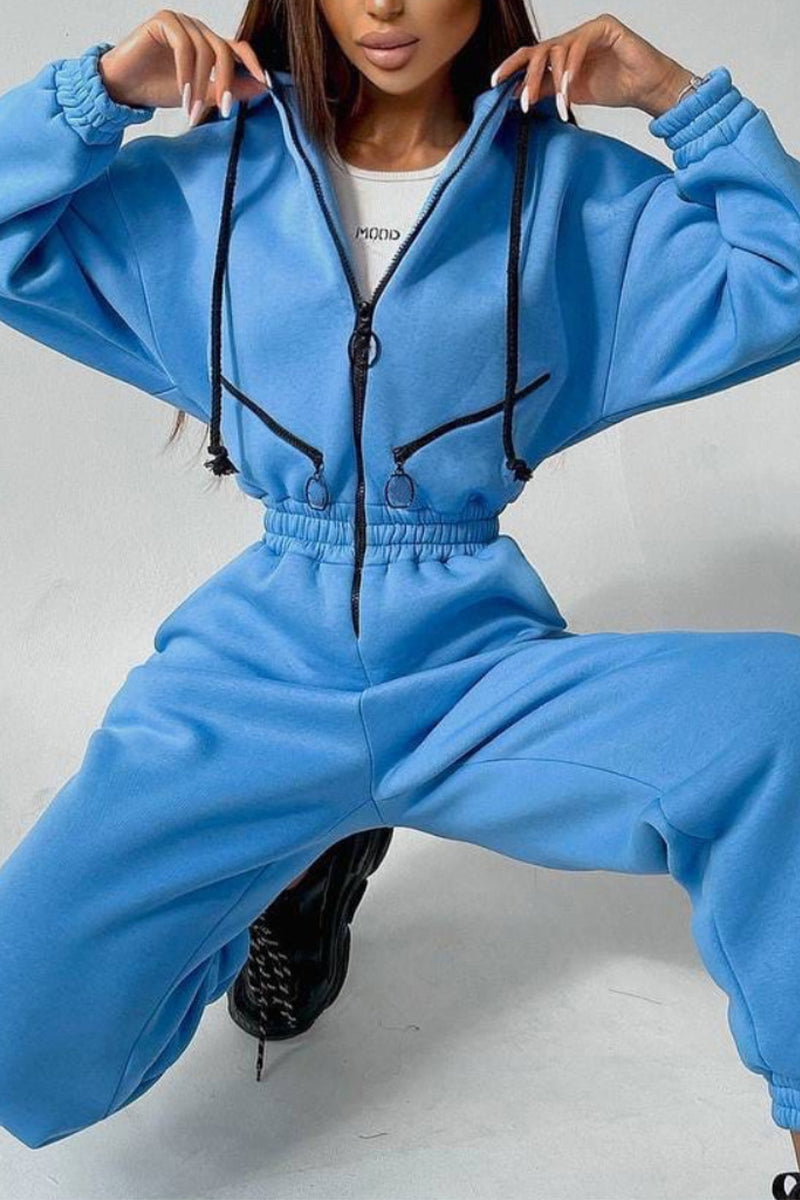 Street Patchwork Hooded Collar Jumpsuits(8 Colors)