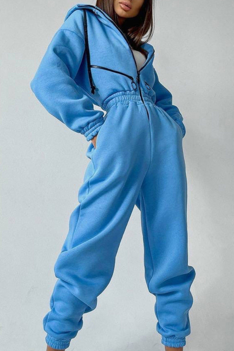 Street Patchwork Hooded Collar Jumpsuits(8 Colors)