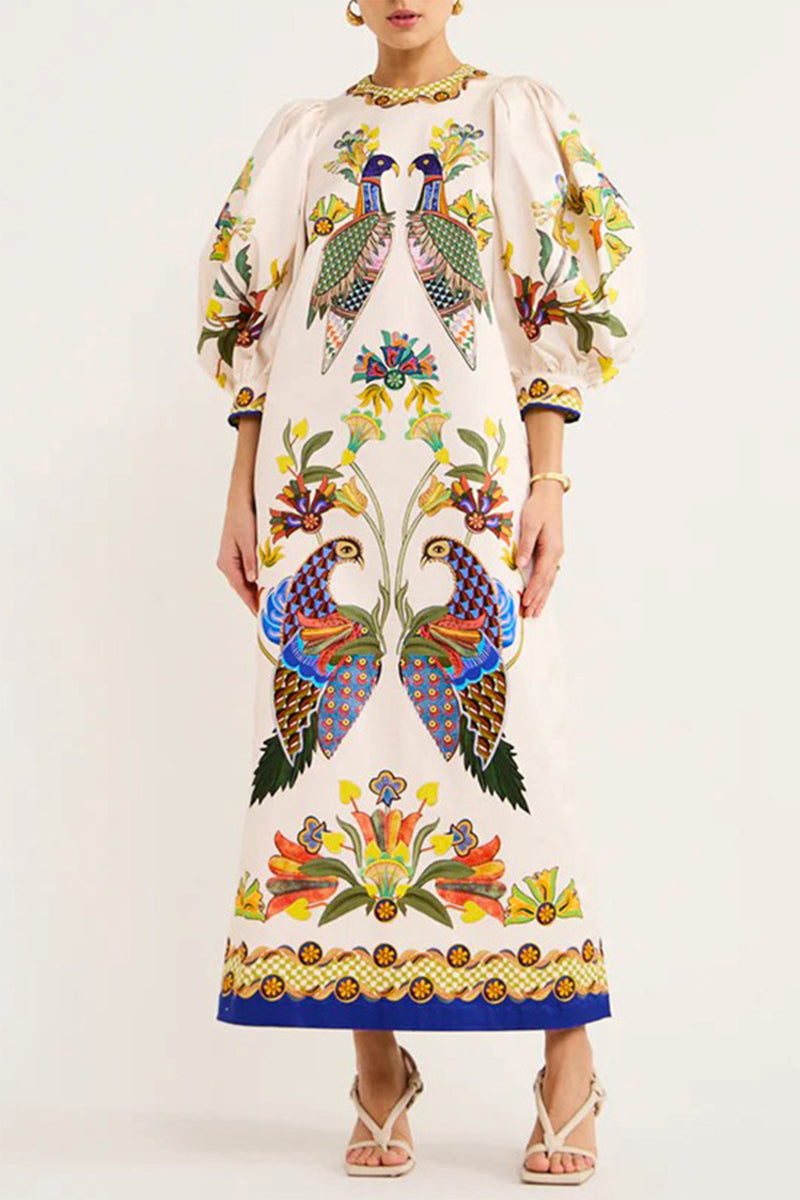Print Patchwork O Neck One Step Skirt Dresses