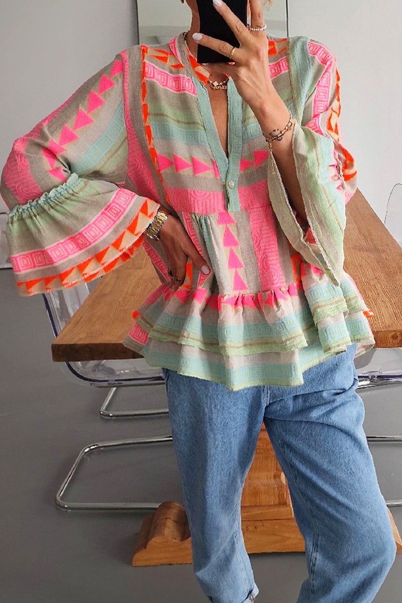 Color Block Contrast V Neck Blouses