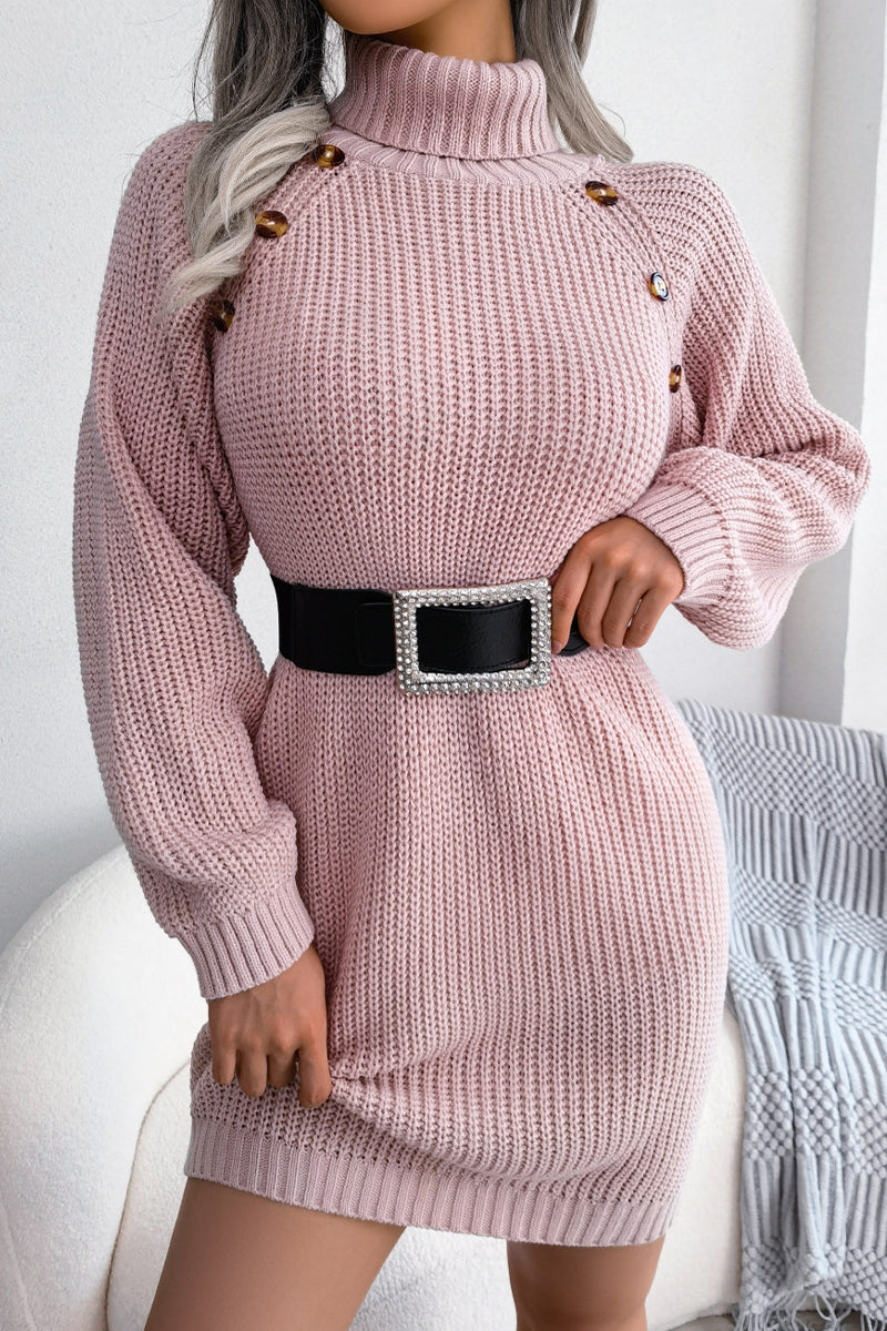 Street Buttons Turtleneck Pencil Skirt Dresses(no Belt,3 Colors)