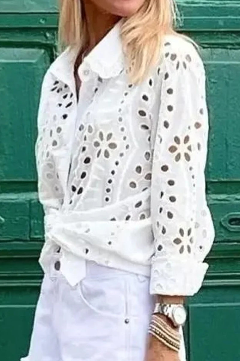 Hollowed Out Turndown Collar Blouses