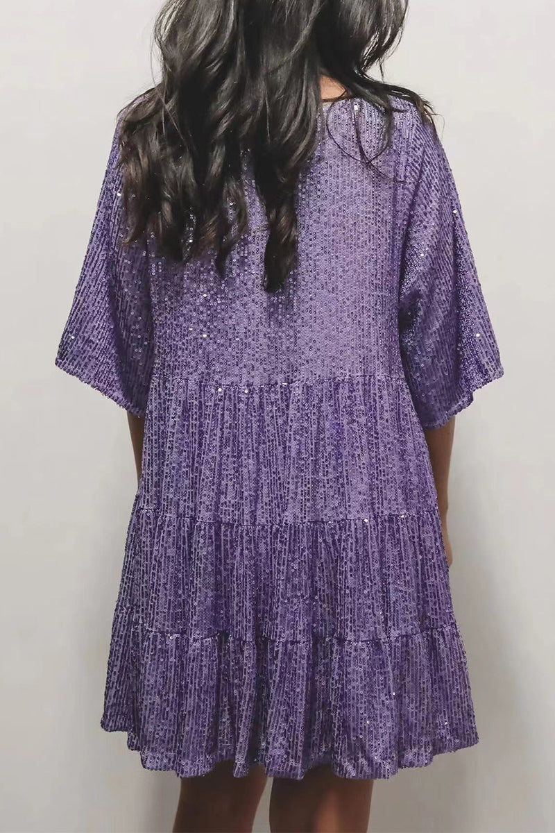 Sequins O Neck Cake Skirt Short Sleeve Dress(4 Colors)