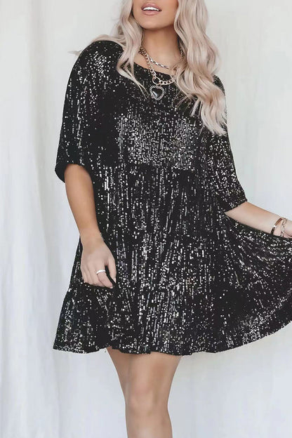 Sequins O Neck Cake Skirt Short Sleeve Dress(4 Colors)