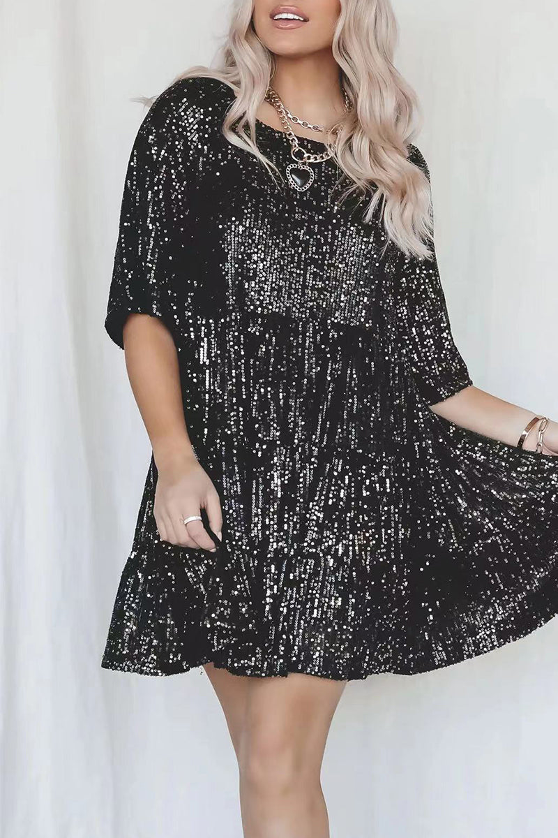 Sequins O Neck Cake Skirt Short Sleeve Dress(4 Colors)