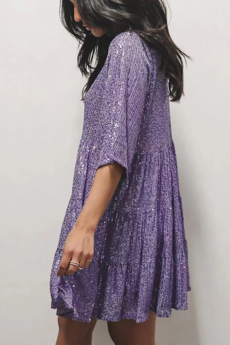 Sequins O Neck Cake Skirt Short Sleeve Dress(4 Colors)