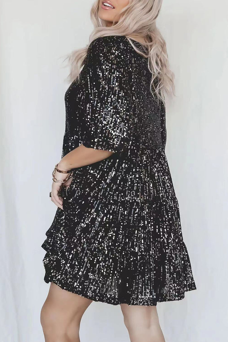 Sequins O Neck Cake Skirt Short Sleeve Dress(4 Colors)