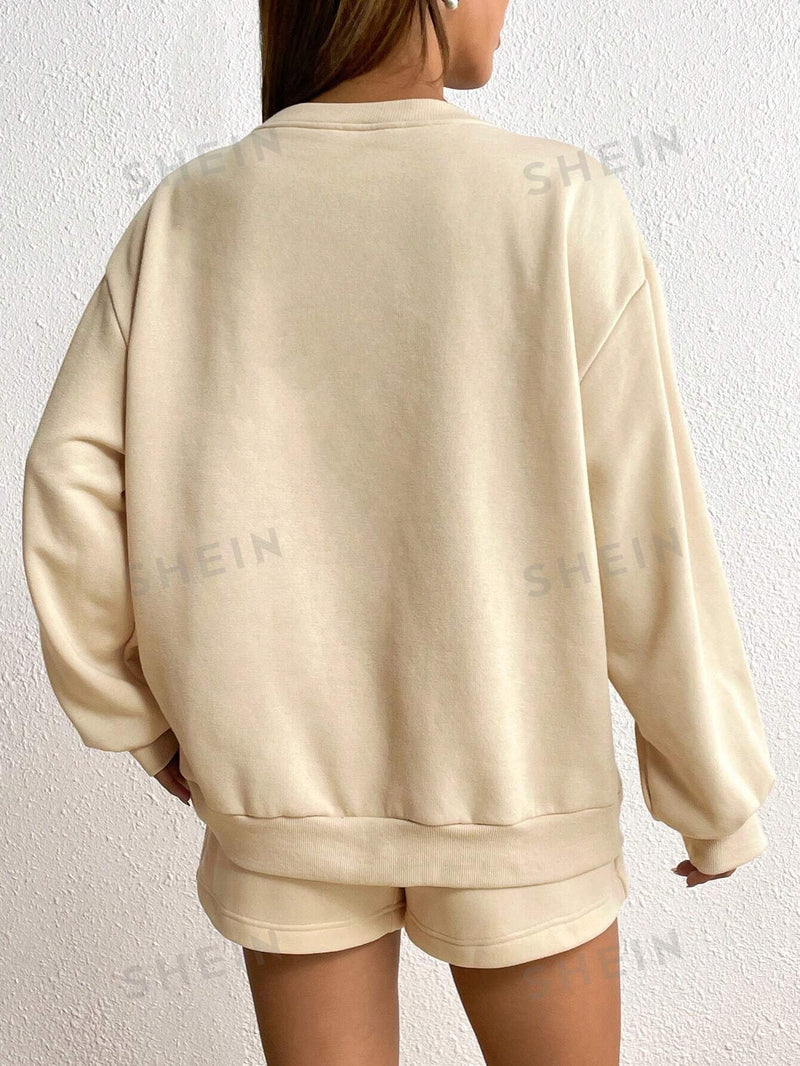 Letter Graphic Drop Shoulder Hoodie & Drawstring Waist Shorts