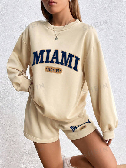 Letter Graphic Drop Shoulder Hoodie & Drawstring Waist Shorts