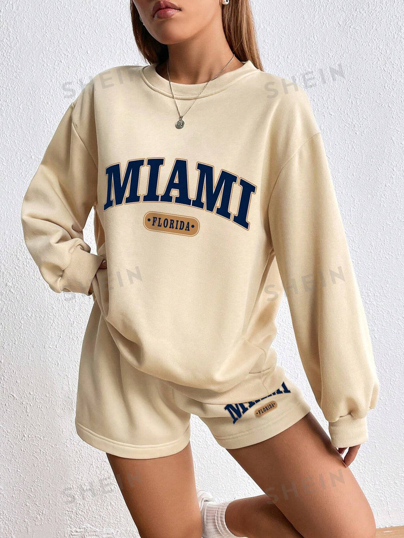 Letter Graphic Drop Shoulder Hoodie & Drawstring Waist Shorts