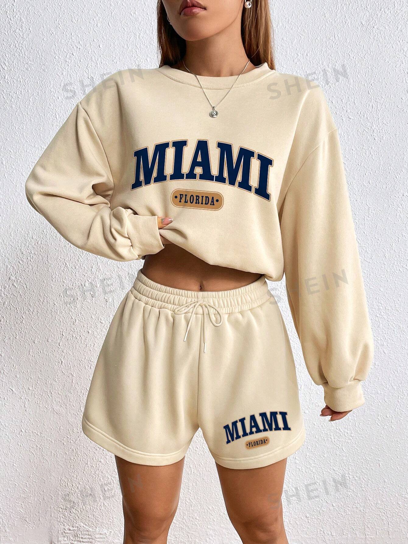 Letter Graphic Drop Shoulder Hoodie & Drawstring Waist Shorts