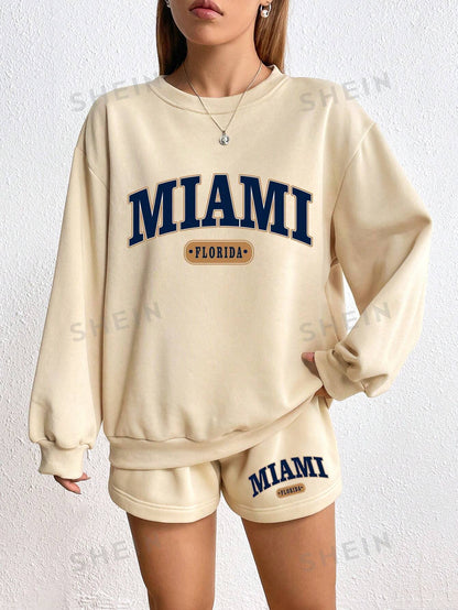 Letter Graphic Drop Shoulder Hoodie & Drawstring Waist Shorts