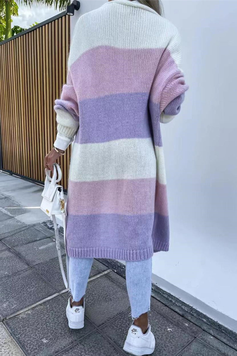 Street Striped Contrast Cardigan Collar Outerwear