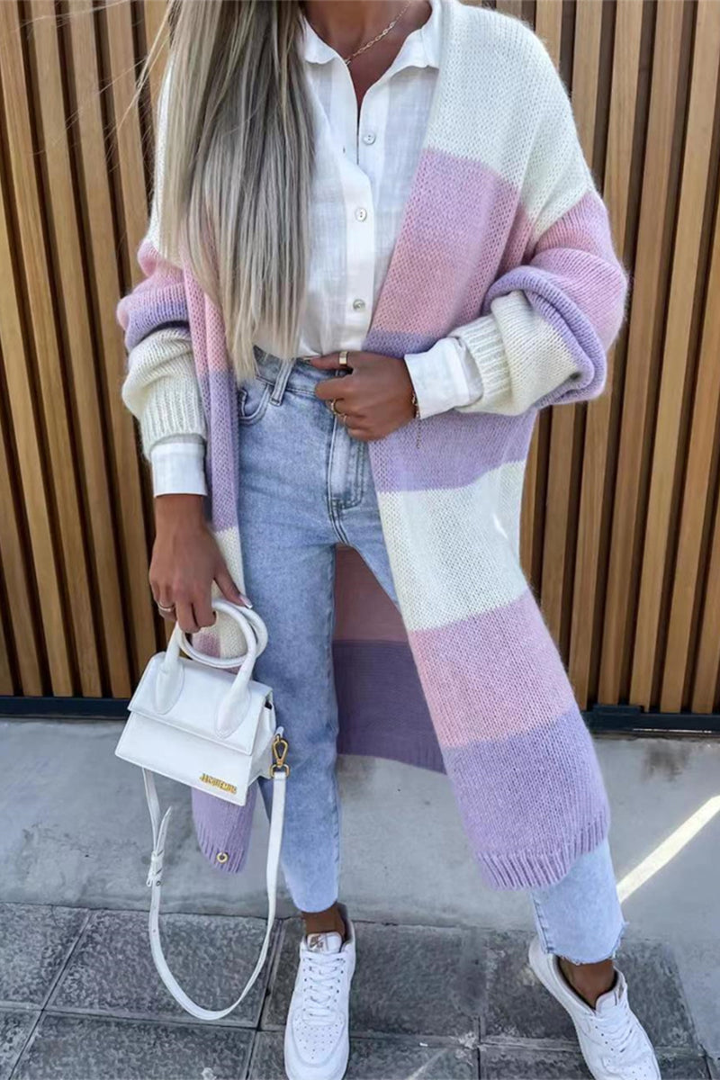 Street Striped Contrast Cardigan Collar Outerwear