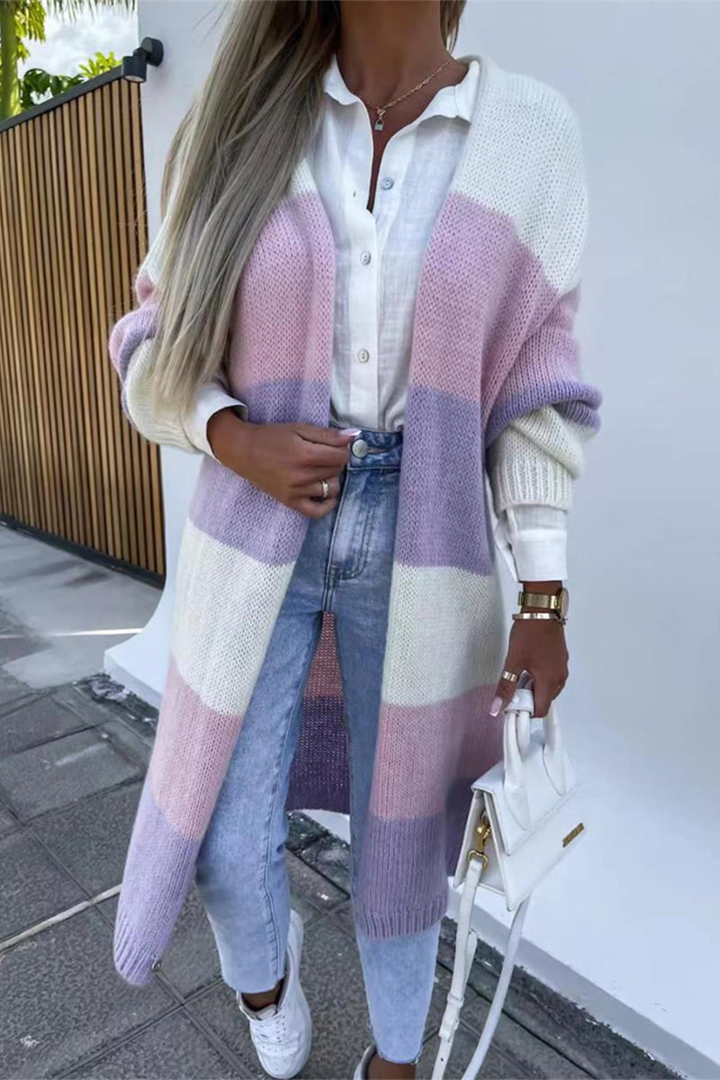 Street Striped Contrast Cardigan Collar Outerwear