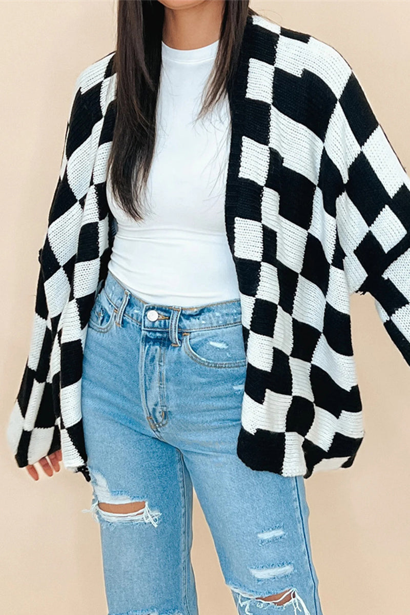 Plaid Contrast Cardigan Collar Outerwear(3 Colors)