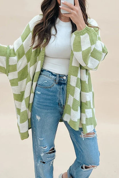 Plaid Contrast Cardigan Collar Outerwear(3 Colors)