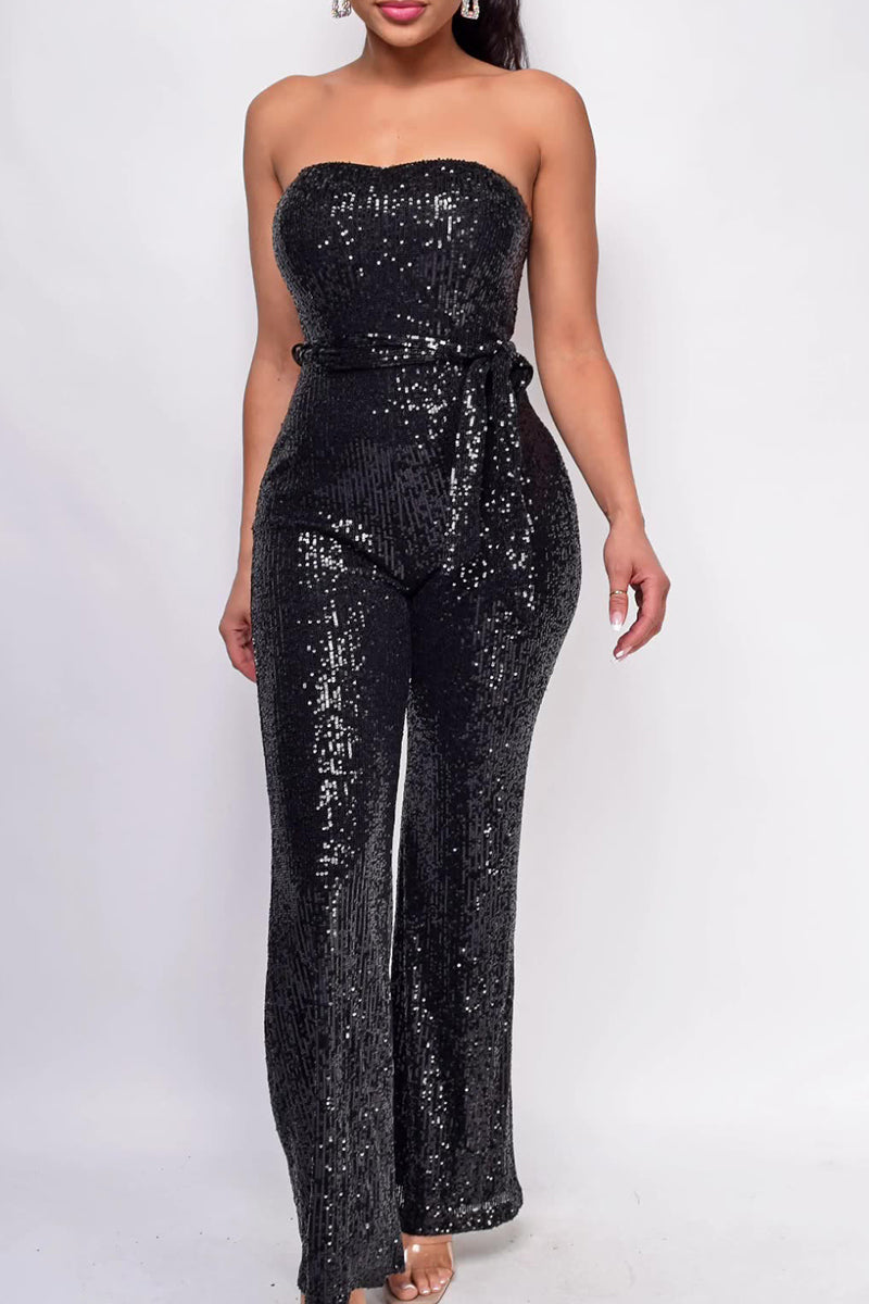 Street Bandage Sequins Patchwork Strapless Regular Jumpsuits(5 Colors)