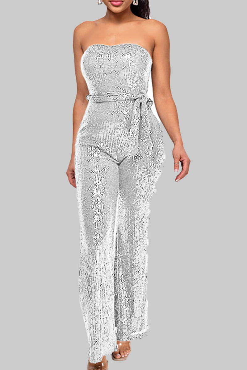 Street Bandage Sequins Patchwork Strapless Regular Jumpsuits(5 Colors)