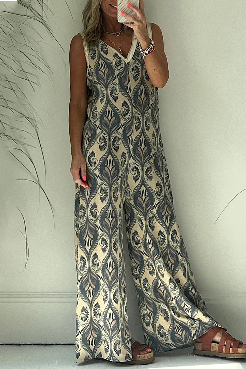 College Geometric Printing V Neck Loose Jumpsuits