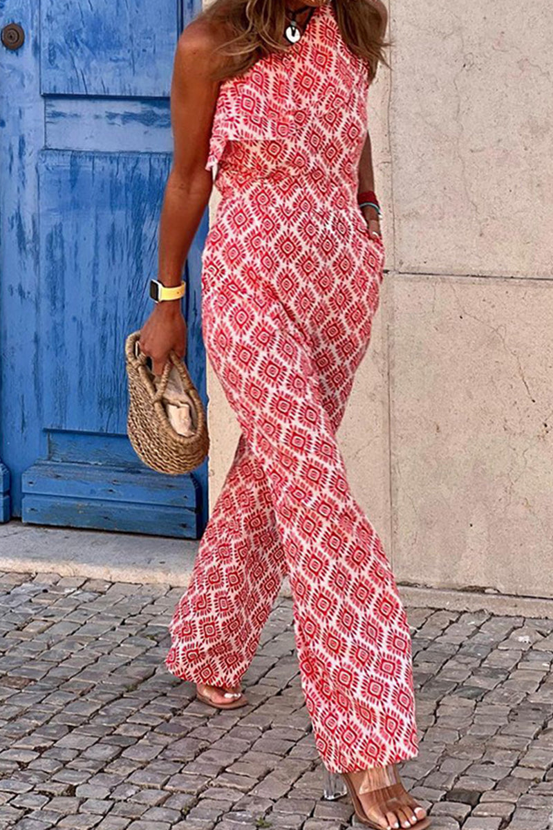 Print Pocket Oblique Collar Straight Jumpsuits