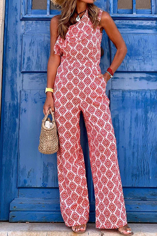 Print Pocket Oblique Collar Straight Jumpsuits