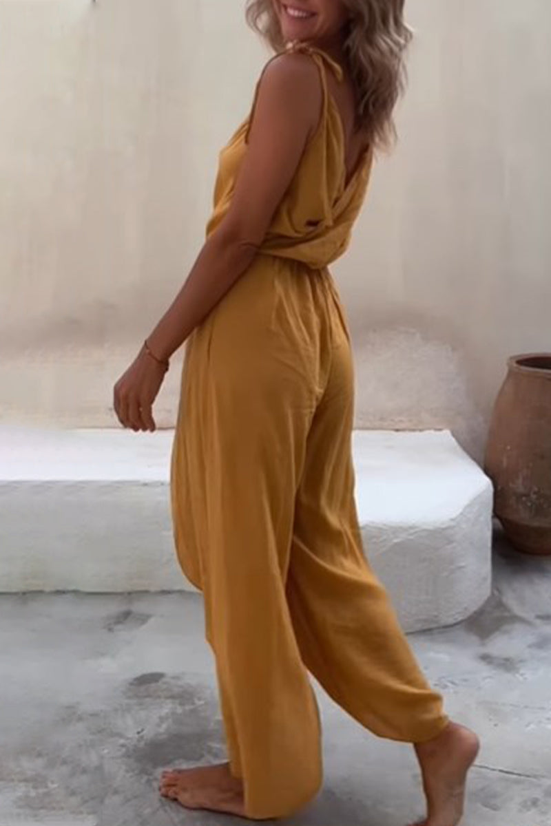 Simplicity Asymmetrical V Neck Loose Jumpsuits