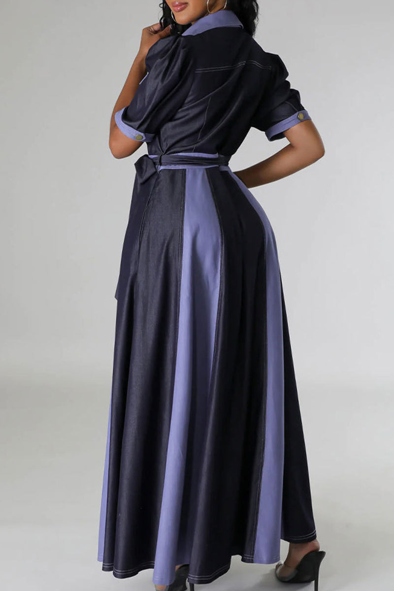Color Block Bandage Patchwork Pocket Buckle V Neck Long Dress Dresses