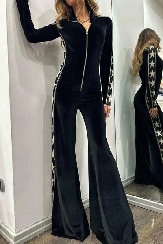 Patchwork Zipper Half a Turtleneck Regular Jumpsuits