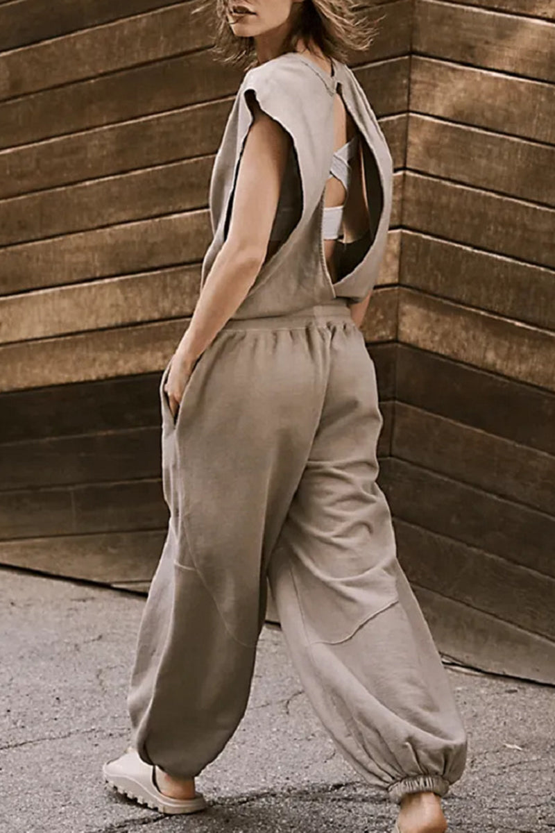 Simplicity Pocket Frenulum Backless O Neck Loose Jumpsuits