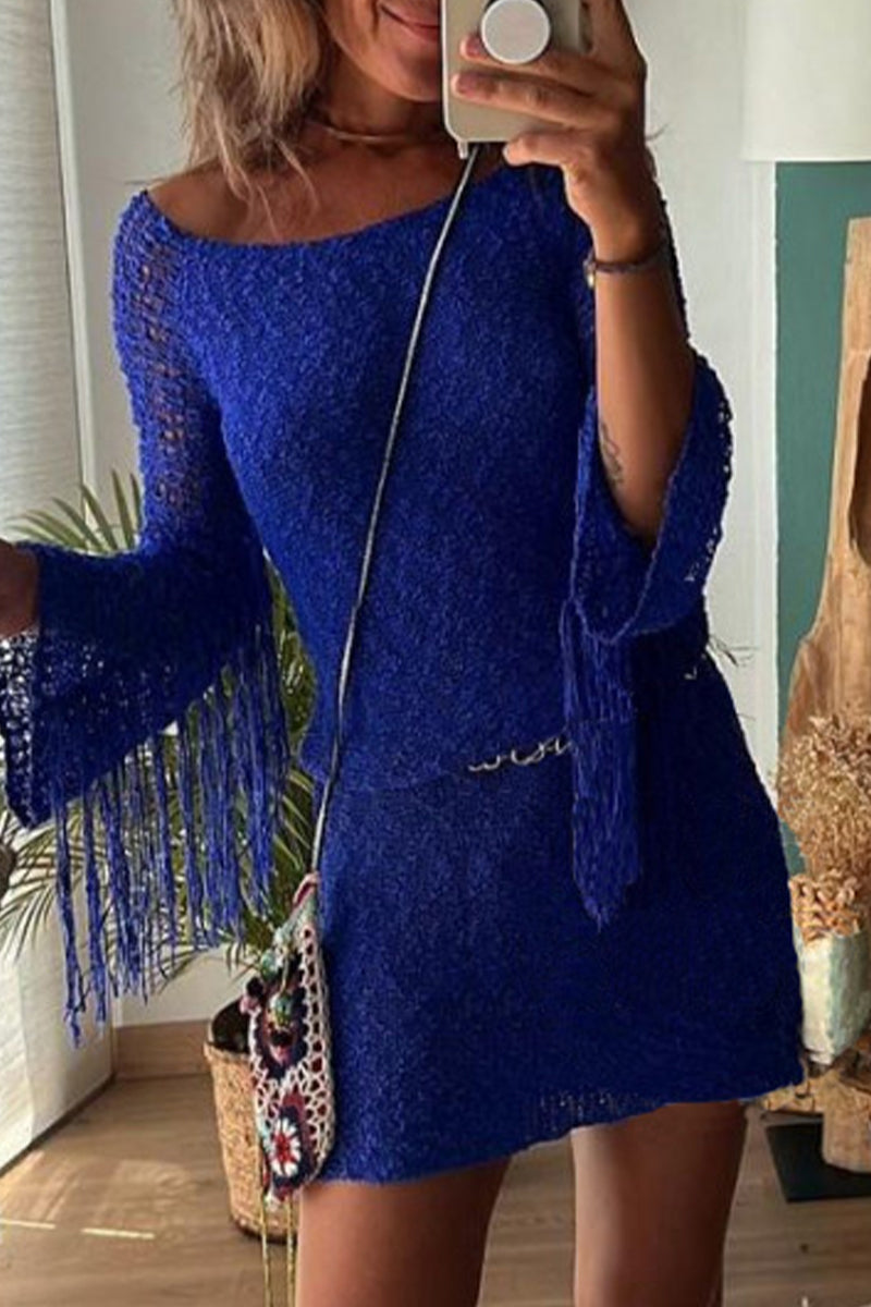 Tassel Hollowed Out O Neck Wrapped Skirt Dresses