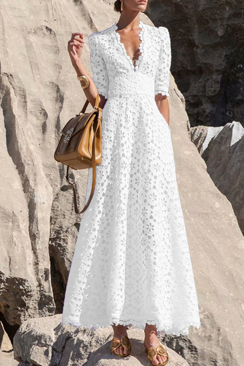 Hollowed Out V Neck Waist Skirt Short Sleeve Dress