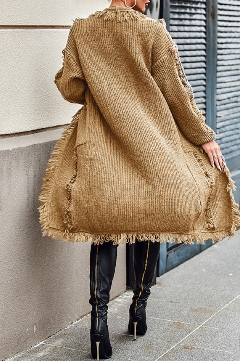Tassel Patchwork Pocket Cardigan Collar Outerwear Ye9859