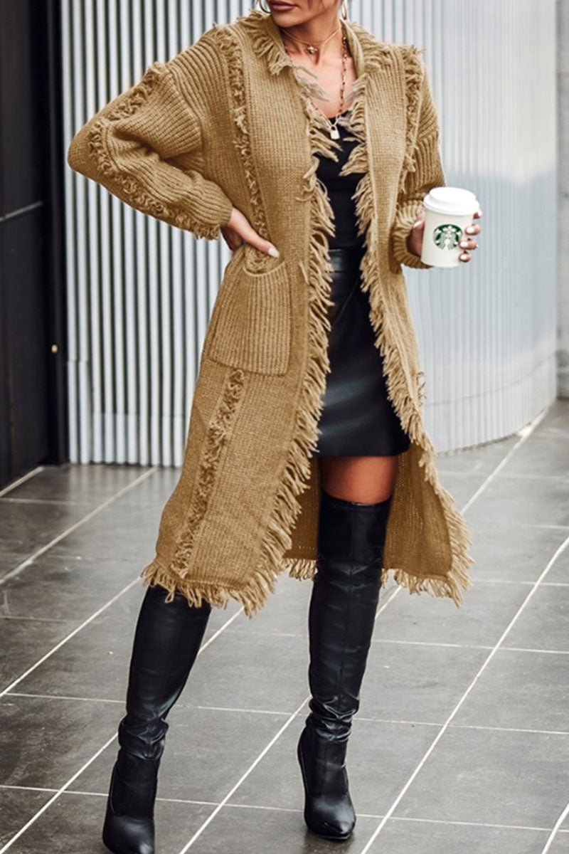Tassel Patchwork Pocket Cardigan Collar Outerwear Ye9859