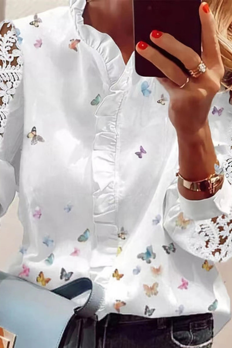 Print Hollowed Out Patchwork V Neck Blouses