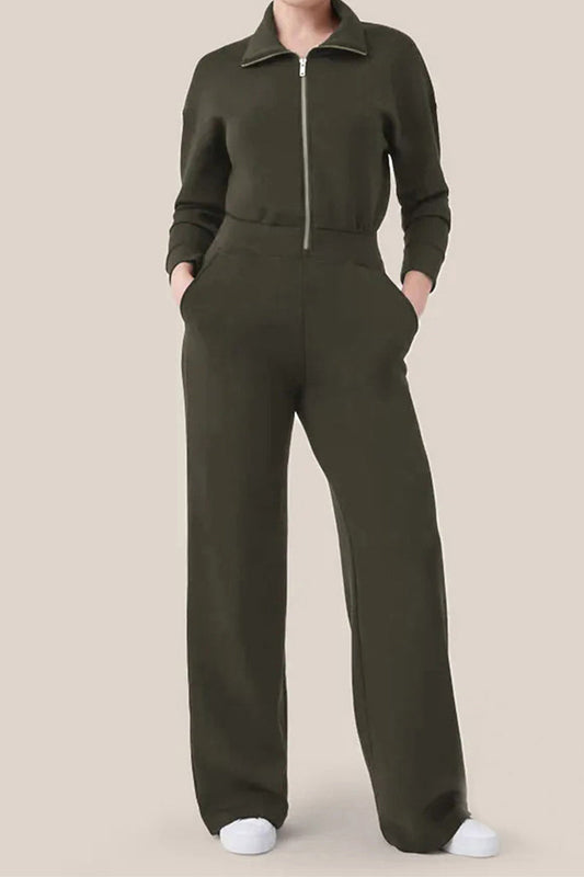 Simplicity Pocket Zipper Turndown Collar Jumpsuits