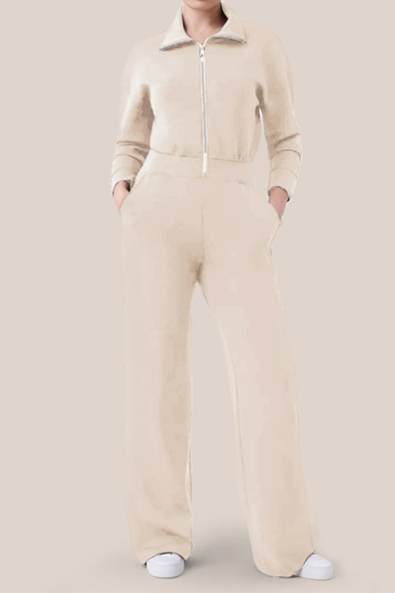 Simplicity Pocket Zipper Turndown Collar Jumpsuits