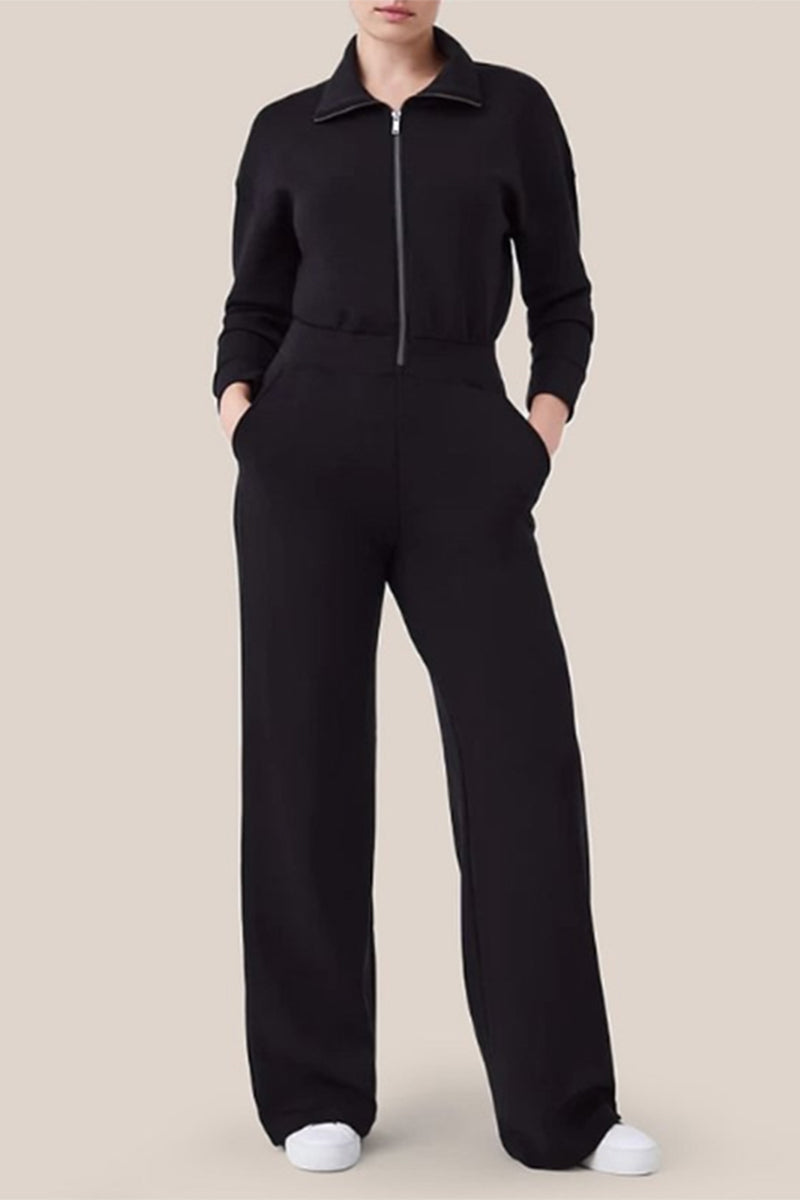 Simplicity Pocket Zipper Turndown Collar Jumpsuits