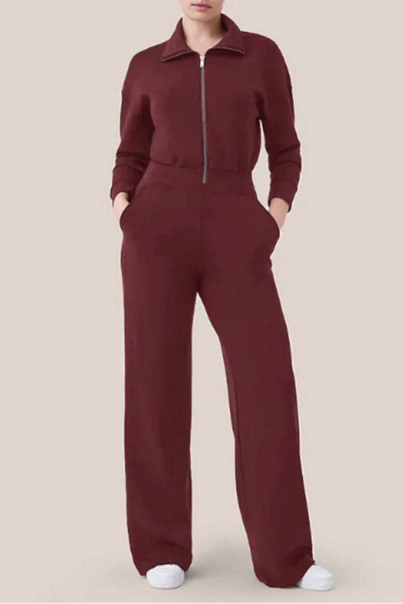 Simplicity Pocket Zipper Turndown Collar Jumpsuits