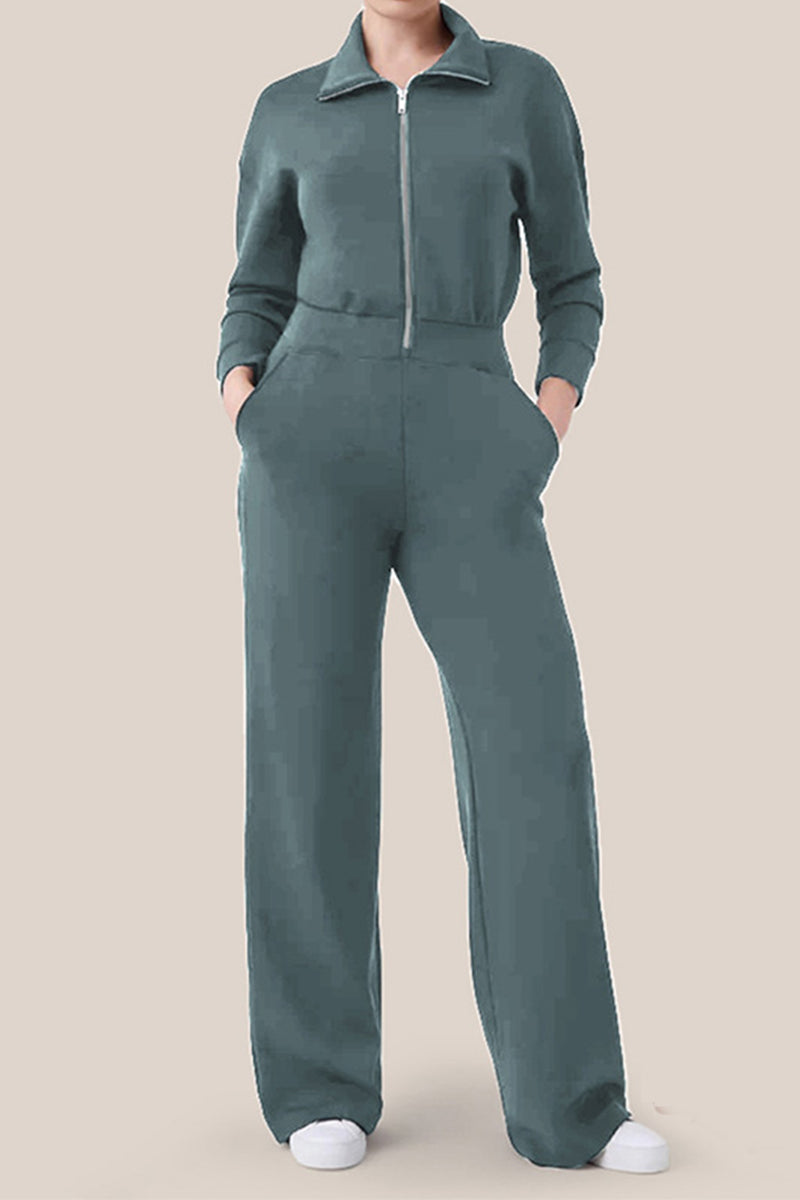 Simplicity Pocket Zipper Turndown Collar Jumpsuits