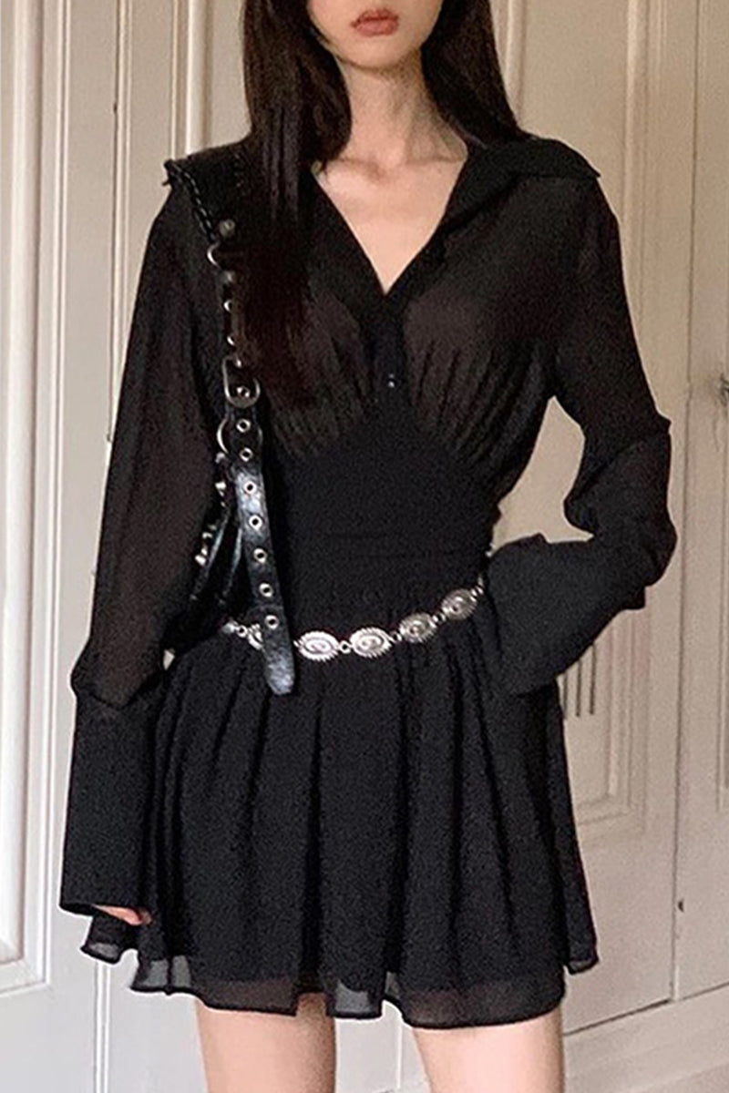 Sweet Buckle Turndown Collar Waist Skirt Dresses