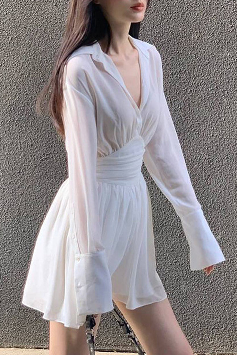 Sweet Buckle Turndown Collar Waist Skirt Dresses