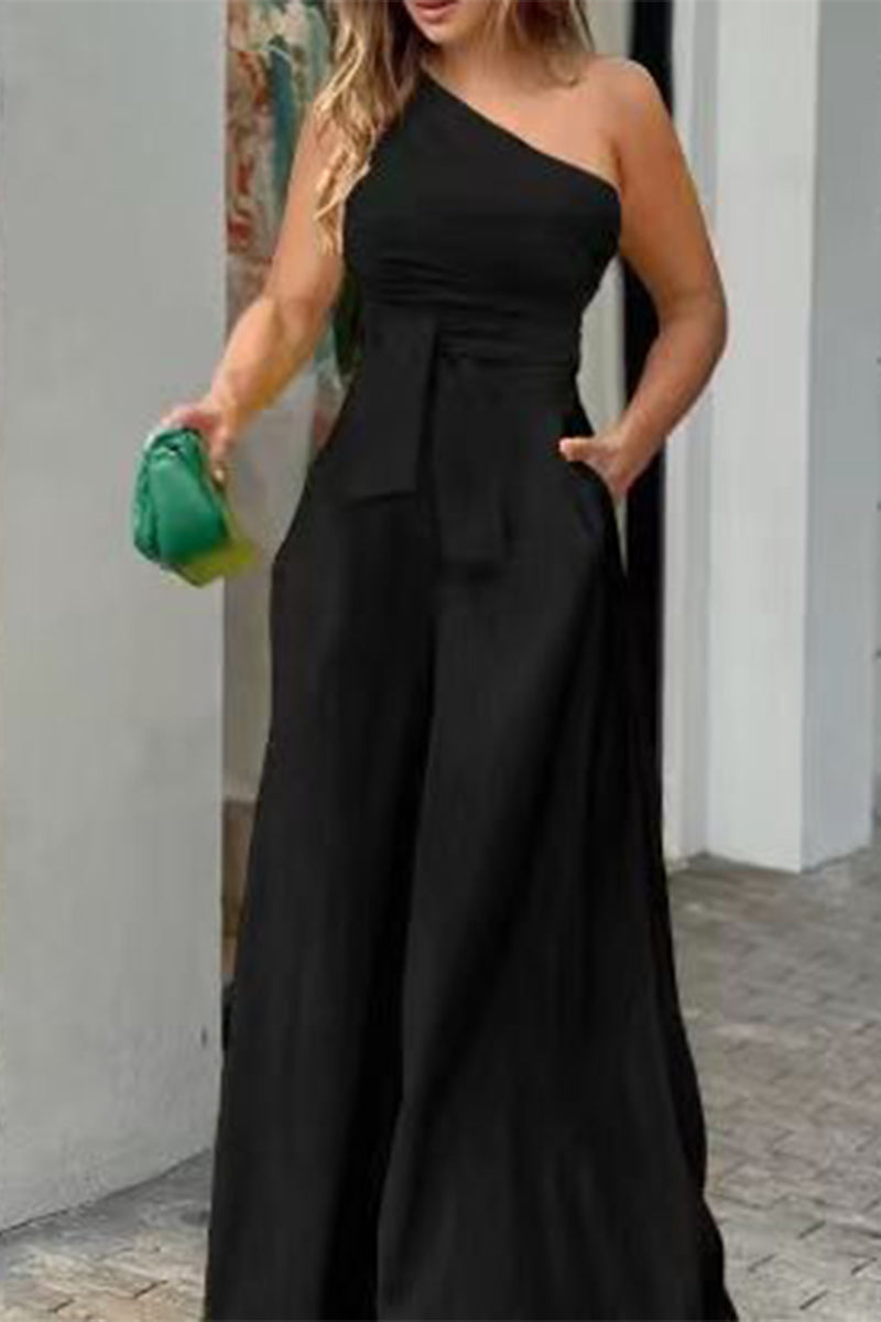 Simplicity Pocket Frenulum Asymmetrical Oblique Collar Loose Jumpsuits