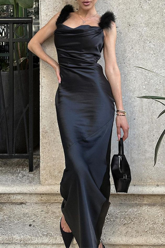 Celebrities Feathers Backless U Neck One Step Skirt Dresses