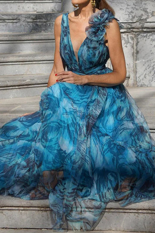 Sweet Geometric Printing V Neck Waist Skirt Dresses