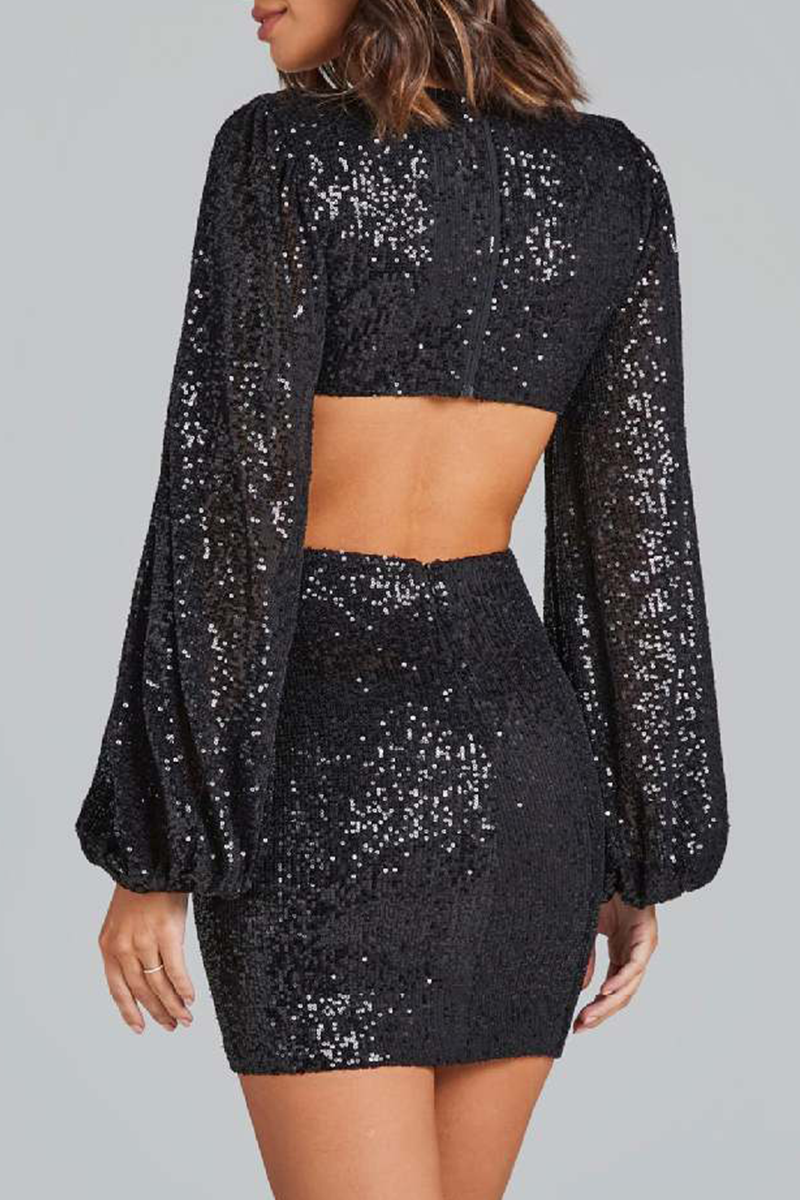 Sequins Sequined V Neck Wrapped Skirt Dresses