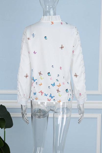 Print Hollowed Out Patchwork V Neck Blouses