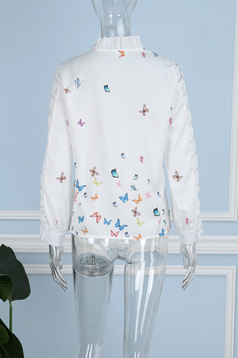 Print Hollowed Out Patchwork V Neck Blouses