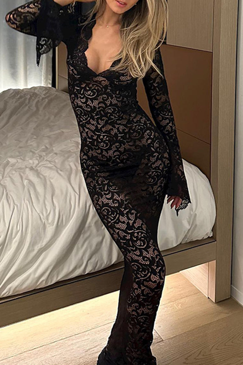 Street Lace Patchwork See-through V Neck Long Dress Dresses