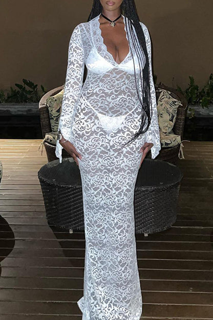 Street Lace Patchwork See-through V Neck Long Dress Dresses